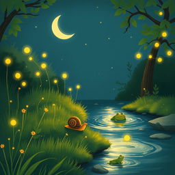 A whimsical illustration of a small snail slowly making its way to the edge of a babbling brook on a warm summer night, under a crescent moon