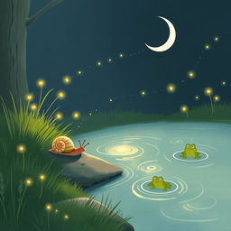 A whimsical illustration of a small snail slowly making its way to the edge of a babbling brook on a warm summer night, under a crescent moon