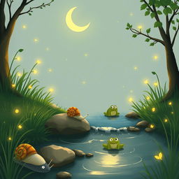 A whimsical illustration of a small snail slowly making its way to the edge of a babbling brook on a warm summer night, under a crescent moon