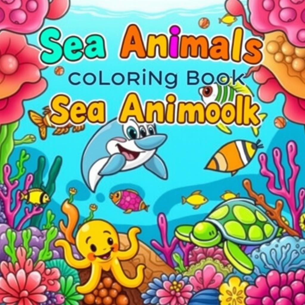A colorful and inviting coloring book cover featuring a variety of sea animals in a playful underwater scene