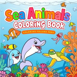 A colorful and inviting coloring book cover featuring a variety of sea animals in a playful underwater scene