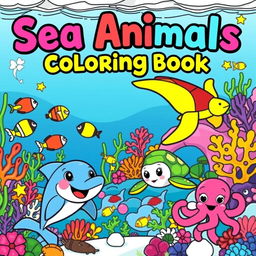 A colorful and inviting coloring book cover featuring a variety of sea animals in a playful underwater scene
