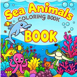 A colorful and inviting coloring book cover featuring a variety of sea animals in a playful underwater scene