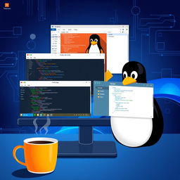 A detailed illustration of a modern Linux operating system interface on a desktop computer