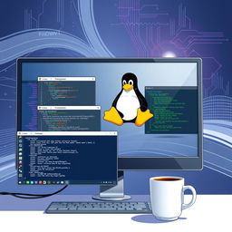 A detailed illustration of a modern Linux operating system interface on a desktop computer