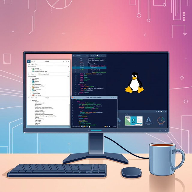 A detailed illustration of a modern Linux operating system interface on a desktop computer