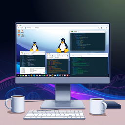 A detailed illustration of a modern Linux operating system interface on a desktop computer