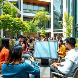 A modern corporate university campus, featuring sleek architecture, large glass windows, vibrant greenery, and outdoor seating areas