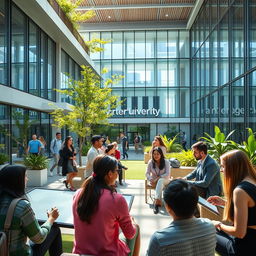 A modern corporate university campus, featuring sleek architecture, large glass windows, vibrant greenery, and outdoor seating areas