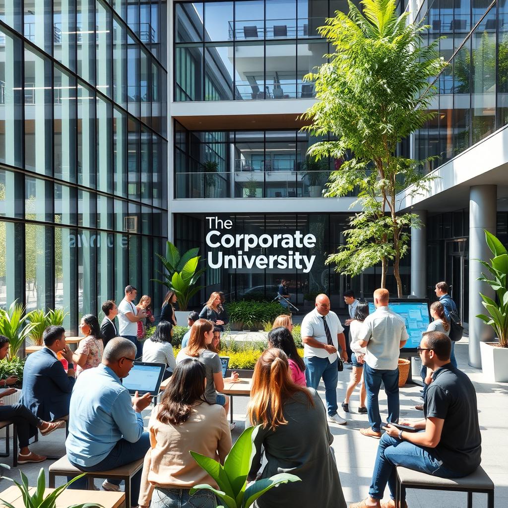 A modern corporate university campus, featuring sleek architecture, large glass windows, vibrant greenery, and outdoor seating areas