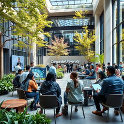 A modern corporate university campus, featuring sleek architecture, large glass windows, vibrant greenery, and outdoor seating areas