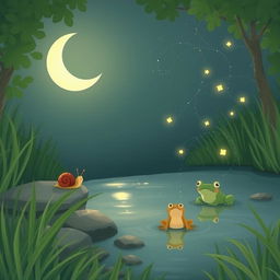 A charming illustration of a small snail gently climbing to the edge of a clear brook on a warm summer night, illuminated by a crescent moon in the sky