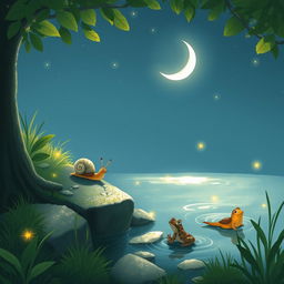 A charming illustration of a small snail gently climbing to the edge of a clear brook on a warm summer night, illuminated by a crescent moon in the sky