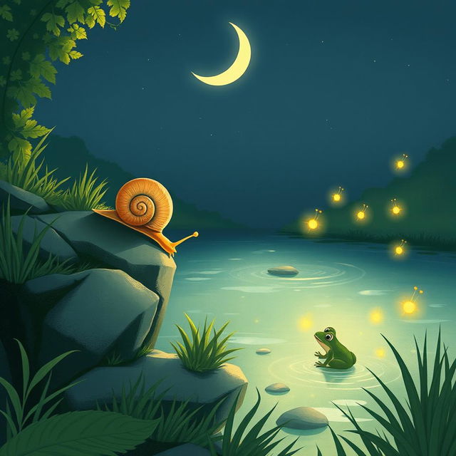 A charming illustration of a small snail gently climbing to the edge of a clear brook on a warm summer night, illuminated by a crescent moon in the sky