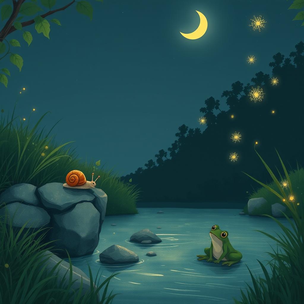 A charming illustration of a small snail gently climbing to the edge of a clear brook on a warm summer night, illuminated by a crescent moon in the sky