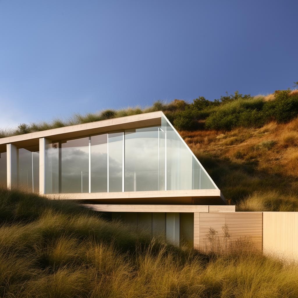 Architectural design of a building partitioned by stairs running from the ground floor to the attic, set in the landscape of rolling hills