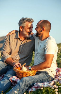 A heartfelt love story between two 45-year-old men, captured in a warm and inviting outdoor setting