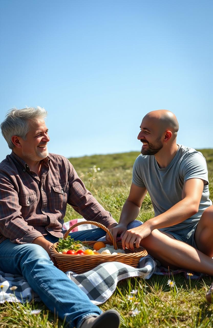 A heartfelt love story between two 45-year-old men, captured in a warm and inviting outdoor setting