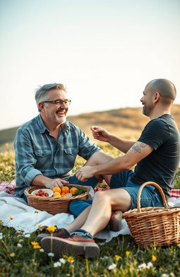A heartfelt love story between two 45-year-old men, captured in a warm and inviting outdoor setting