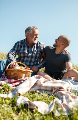 A heartfelt love story between two 45-year-old men, captured in a warm and inviting outdoor setting