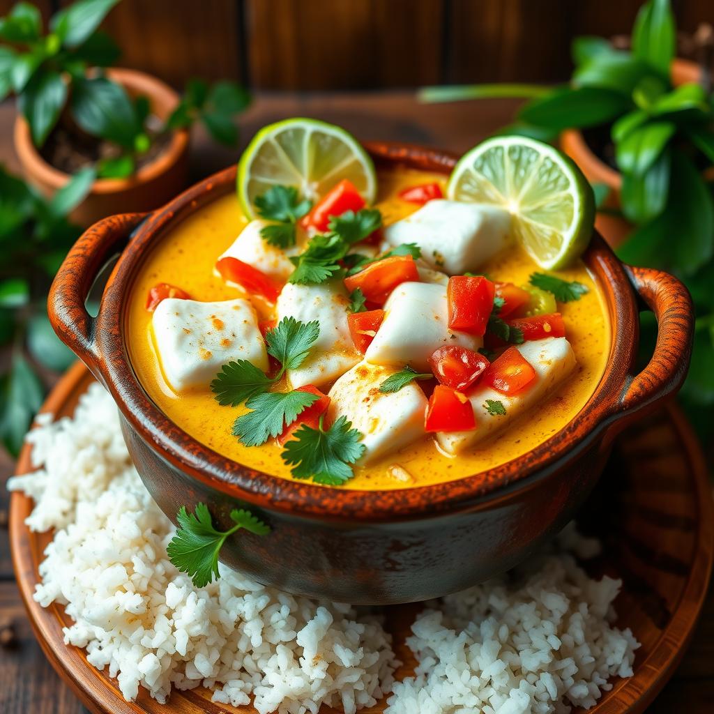 A vibrant and colorful representation of Moqueca de Peixe, a Brazilian fish stew