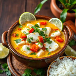A vibrant and colorful representation of Moqueca de Peixe, a Brazilian fish stew