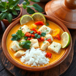 A vibrant and colorful representation of Moqueca de Peixe, a Brazilian fish stew