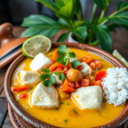 A vibrant and colorful representation of Moqueca de Peixe, a Brazilian fish stew