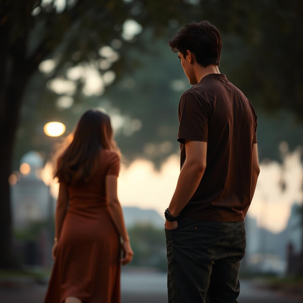 A romantic scene featuring a man on the right, wearing casual clothes with a non-visible face, his body turned towards a woman on the left