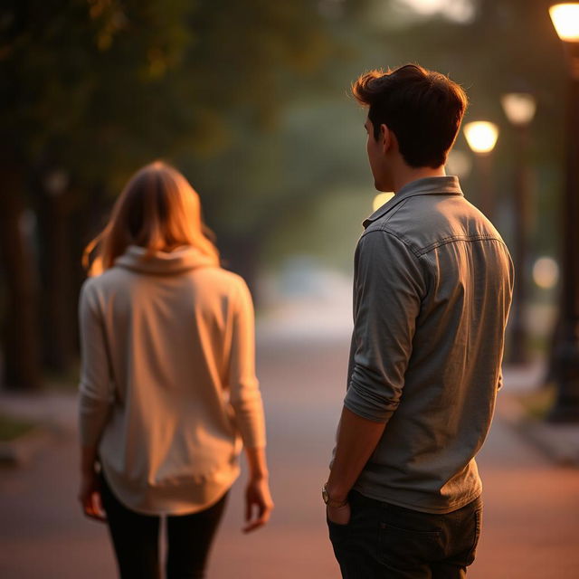 A romantic scene featuring a man on the right, wearing casual clothes with a non-visible face, his body turned towards a woman on the left