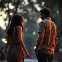 A romantic scene featuring a man on the right, wearing casual clothes with a non-visible face, his body turned towards a woman on the left