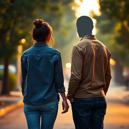 A romantic scene featuring a man on the right, wearing casual clothes with a non-visible face, his body turned towards a woman on the left