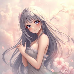 A sensual and artistic depiction of an anime girl with flowing long hair, elegantly posed in a tasteful and delicate manner