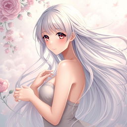 A sensual and artistic depiction of an anime girl with flowing long hair, elegantly posed in a tasteful and delicate manner