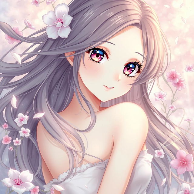 A sensual and artistic depiction of an anime girl with flowing long hair, elegantly posed in a tasteful and delicate manner