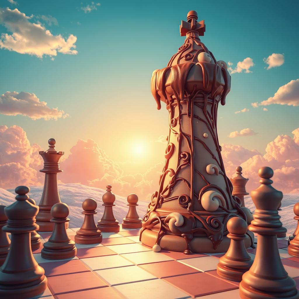 A whimsical and surreal scene featuring a giant chess tower made entirely of intricately designed chocolate ice cream