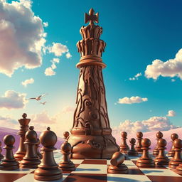 A whimsical and surreal scene featuring a giant chess tower made entirely of intricately designed chocolate ice cream