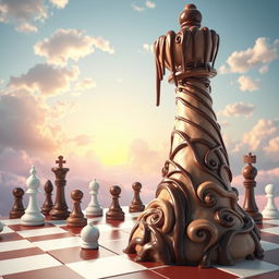A whimsical and surreal scene featuring a giant chess tower made entirely of intricately designed chocolate ice cream