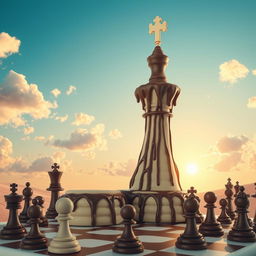 A whimsical and surreal scene featuring a giant chess tower made entirely of intricately designed chocolate ice cream