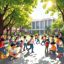 A vibrant and lively scene depicting various students actively engaged in different activities at Valmiki School