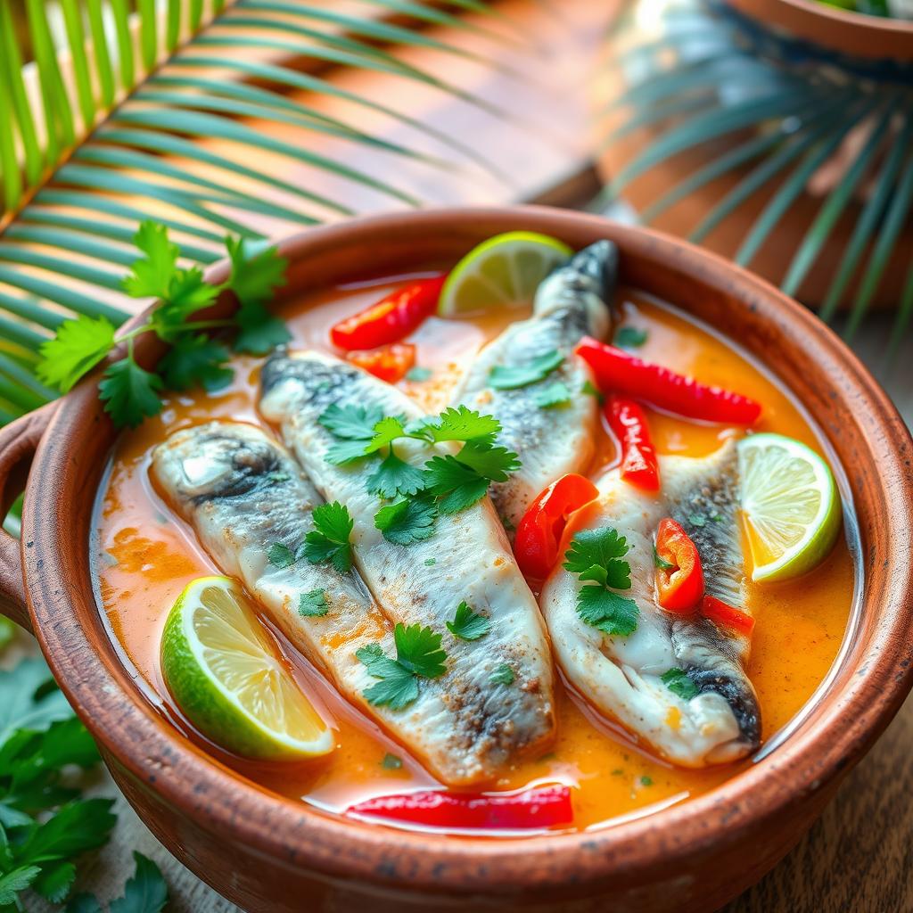 A vibrant and colorful composition of a traditional Brazilian Moqueca de Peixe, a fish stew featuring beautifully arranged pieces of fresh fish simmered in a rich coconut milk broth
