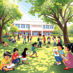 A vibrant and lively scene depicting various students actively engaged in different activities at Valmiki School