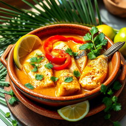 A vibrant and colorful composition of a traditional Brazilian Moqueca de Peixe, a fish stew featuring beautifully arranged pieces of fresh fish simmered in a rich coconut milk broth