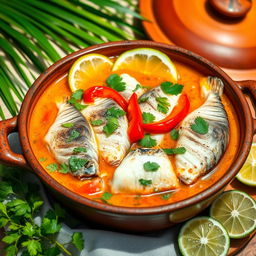 A vibrant and colorful composition of a traditional Brazilian Moqueca de Peixe, a fish stew featuring beautifully arranged pieces of fresh fish simmered in a rich coconut milk broth