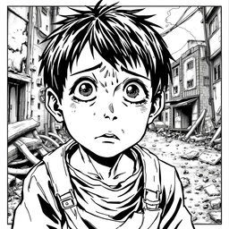 A dramatic black and white manga panel illustrating a young Japanese boy who appears impoverished and starving