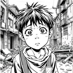 A dramatic black and white manga panel illustrating a young Japanese boy who appears impoverished and starving