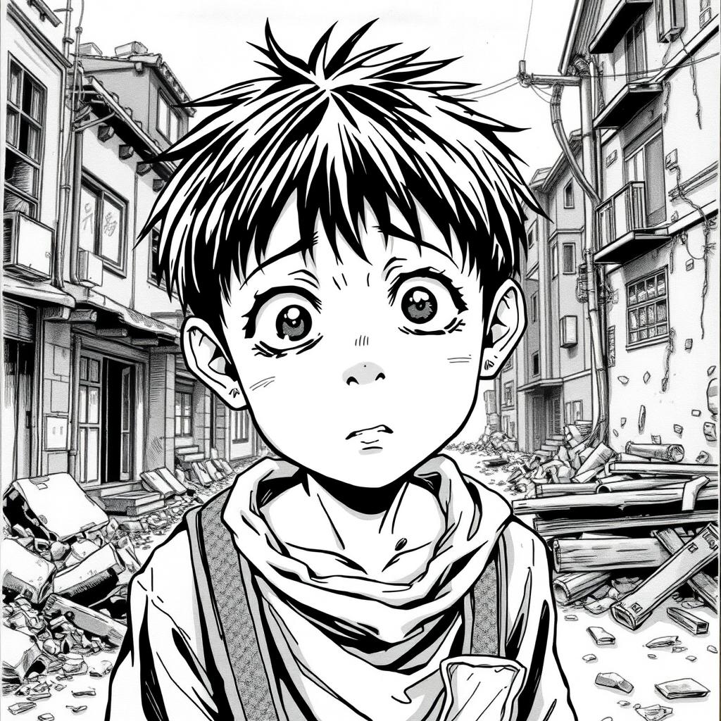 A dramatic black and white manga panel illustrating a young Japanese boy who appears impoverished and starving