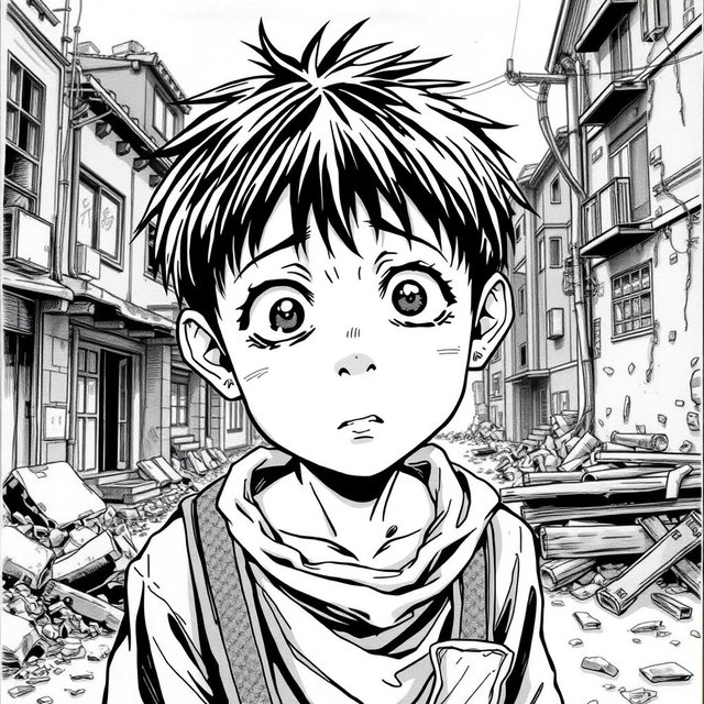 A dramatic black and white manga panel illustrating a young Japanese boy who appears impoverished and starving