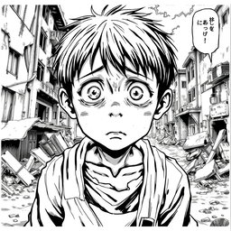 A dramatic black and white manga panel illustrating a young Japanese boy who appears impoverished and starving