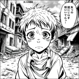 A dramatic black and white manga panel illustrating a young Japanese boy who appears impoverished and starving